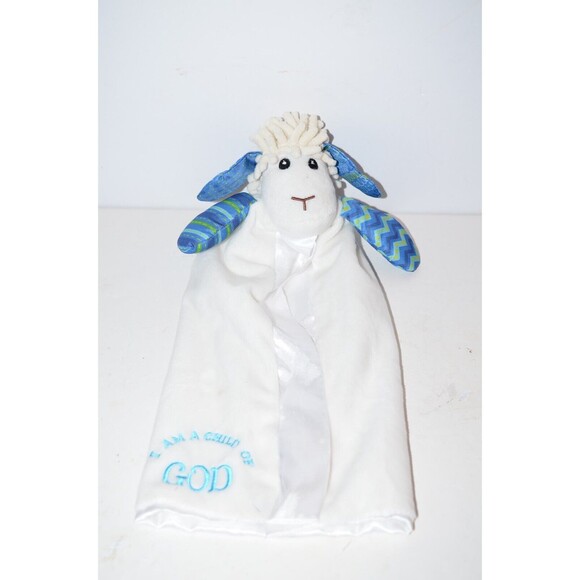 Wee Believers Lamb I am a Child of God Lovey Sheep Blue Security Blanket Satin - Picture 2 of 8